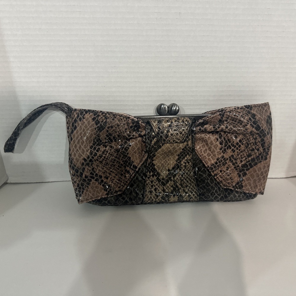 Jessica Simpson Big Bow Snakeskin Print Clutch Purse Wristlet Kiss Lock Closure
